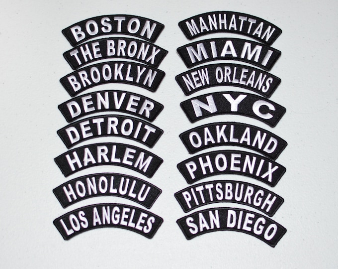 Location Tab Rocker Iron-on Embroidered Patches Travel Trip Souvenir for Motorcycle Biker MC Jacket Vest Shirt Hat Hometown USA Cities Pride