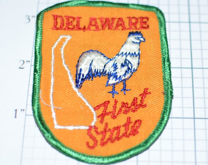 DELAWARE First State, Rooster Sew-On Vintage Embroidered Clothing Patch Cute Trip Travel Souvenir Gift Idea Scrapbook Memento Memorybox USA