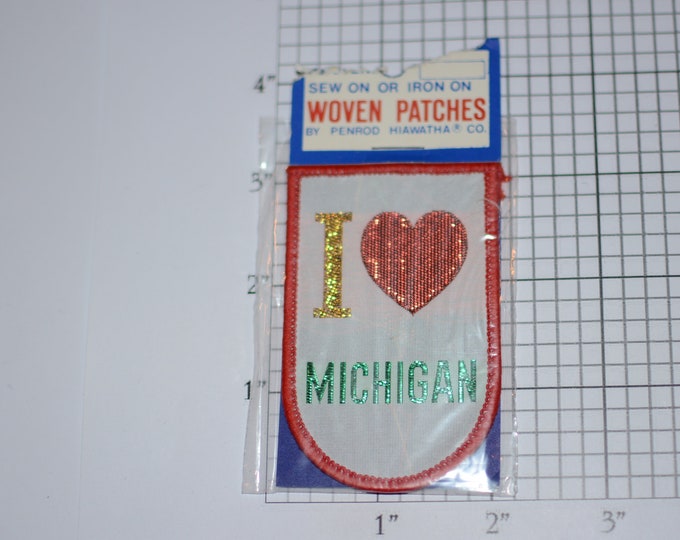 I Heart (Love) Michigan (Vintage Sealed Pkg) Iron-on Travel Trip Souvenir Gift Idea Vacation Scrapbook Keepsake Metallic Threading Crest