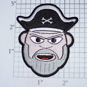 May include: Embroidered iron-on patch of a cartoon pirate with a gray beard, black hat with a skull and crossbones, and a red mouth. The patch is approximately 2 inches in diameter.