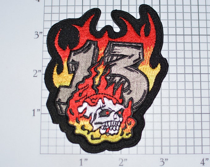 Skull Flames Number 13 Iron-On Embroidered Patch Outlaw Biker Jacket Vest 1%er Intimidating Scary Death Lucky Unlucky Superstition e32Q
