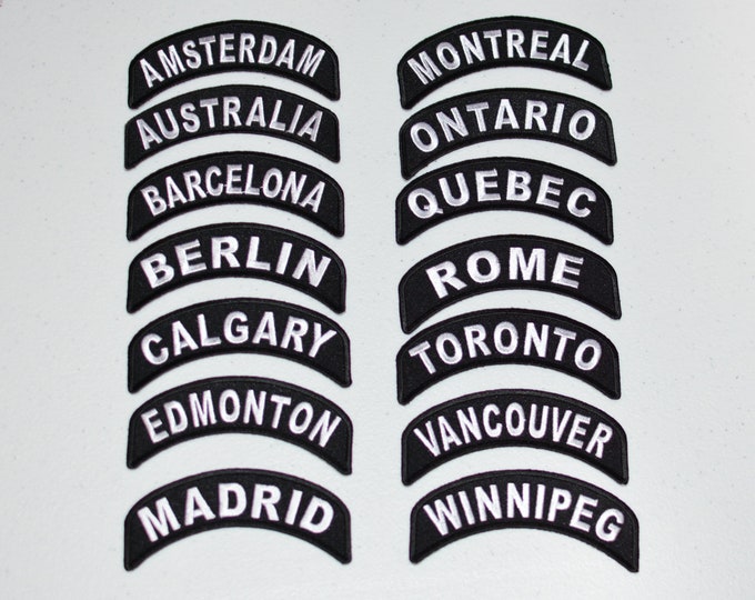 Location Tab Rocker Iron-on Embroidered Patches Travel Trip Souvenir Motorcycle Biker MC Jacket Vest Shirt Hat Hometown Pride City Global