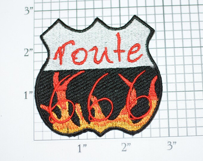Route 666 Iron-On Embroidered Clothing Patch Outlaw Biker Jacket Vest Caution Warning Road Sign 1% One Percenter Dangerous Evil Devil Number