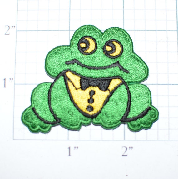Green Frog in Tuxedo Iron-on Embroidered Decorative Applique Patch Cute Fun Adorable DIY Fashion Vtg Logo Vest Shirt Kids Clothes Animal