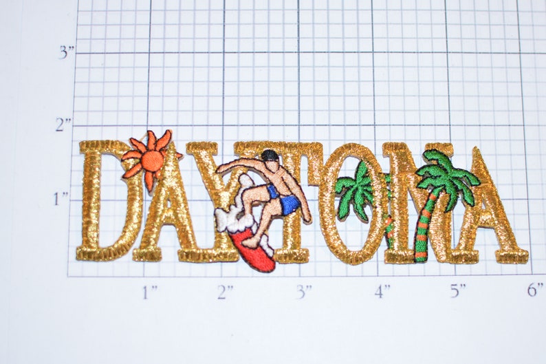 Daytona Florida Surfer Beautiful Metallic Gold Thread Iron-on Embroidered Clothing Patch Travel Souvenir Trip Gift Scrapbook Keepsake