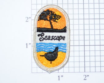 Seascape Sew-on Vintage Embroidered Clothing Patch Tropical Island Resort Paradise Beach Ocean Sea Marine Life Vacation Memento Emblem Logo