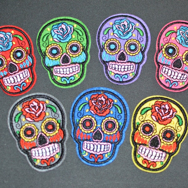 Sugar Skull Iron-on Embroidered Clothing Patch (Choose Color) for Jacket Vest Shirt Hat Halloween Costume Day of the Dead Celebration ap3