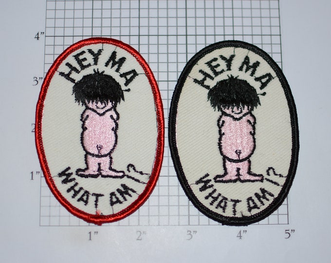 Hey Ma What Am I? Sew-On 1970's Vintage Embroidered Patch for Jacket Vest Funny DIY Clothing Clothes Emblem Logo Insignia Retro Fashion