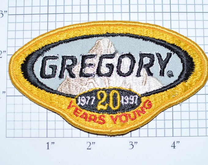 Gregory Mountain Products 1977 1997 20 Years Young Anniversary Vintage Iron-on Clothing Patch Souvenir Collectible San Diego California e29g