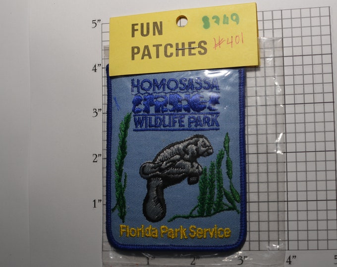 Homosassa Springs Wildlife Florida Park Service (Mint, Sealed Original Pkg) Vintage Iron-on Patch Travel Trip Tourist Souvenir Manatee Logo