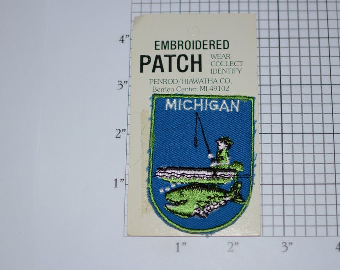 Michigan Fisherman Logo (Vintage Original Pkg) Travel Trip Souvenir Gift Idea Vacation Scrapbook Keepsake Crest Fish Fishing Lake Angler