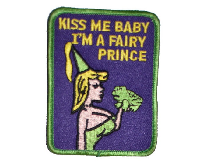 Kiss Me Baby I'm A Fairy Prince, Charming Embroidered Sew-on Vintage Patch - Frog Flirty Funny Conversation Starter Patch Jacket Patch s12