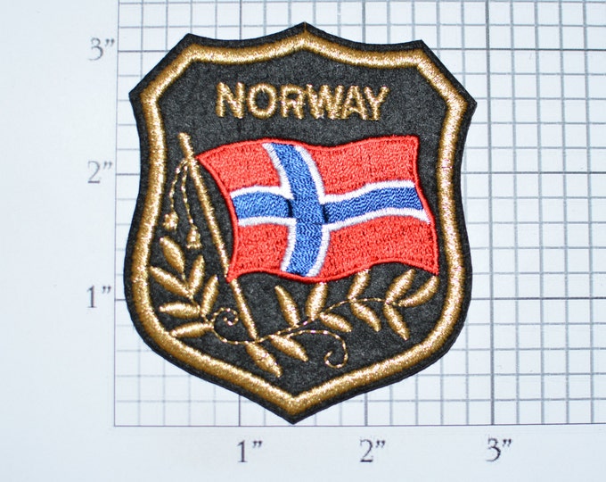 NORWAY Iron-on Embroidered Clothing Patch Flag in Shield Design w/Metallic Gold Threading Beautiful Travel Trip Tourist Souvenir Memento
