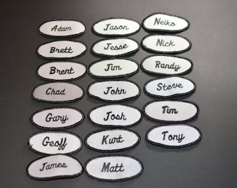 Black Iron-on Name Patch on Gray Background Vintage Embroidered Clothing Patch, Mechanic Service Shop Tech Retail Work Shirt Salesman nam9