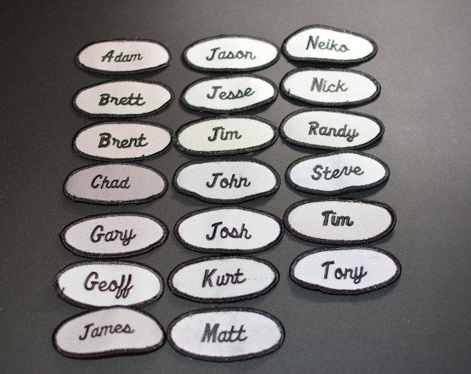 Black Iron-on Name Patch on Gray Background Vintage Embroidered Clothing Patch, Mechanic Service Shop Tech Retail Work Shirt Salesman nam9