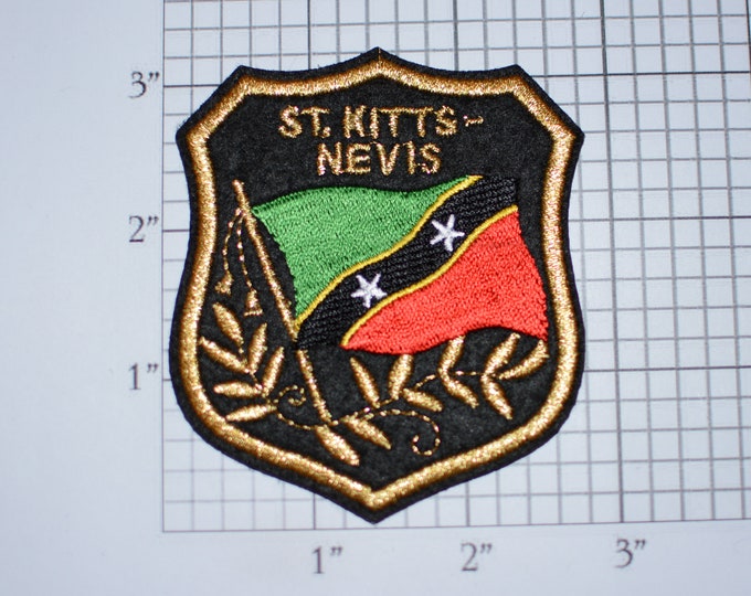 ST Kitts Nevis Iron-on Embroidered Clothing Patch Flag in Shield Design w/Metallic Gold Threading Beautiful Travel Tourist Souvenir Memento
