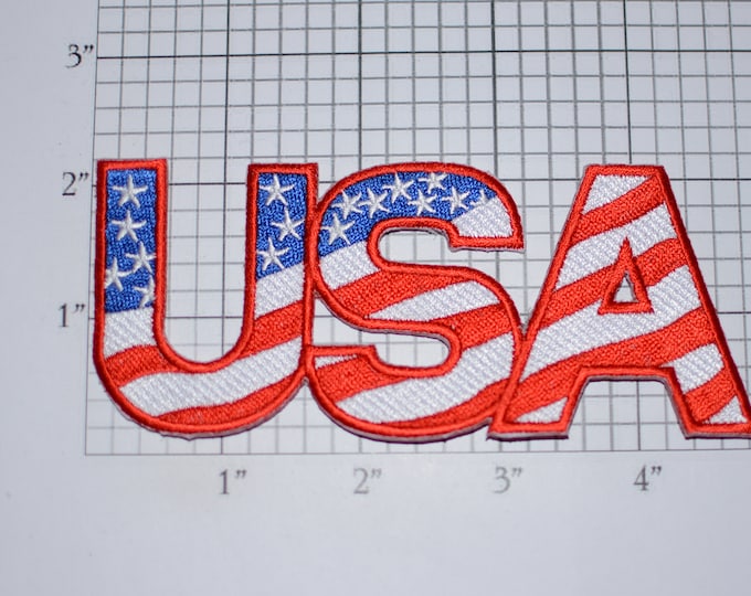 USA (Text in Colors of Flag) Rare Iron-On Embroidered Clothing Patch Travel Trip Souvenir Emblem Logo Patriot Military Veteran Vet Gift Idea