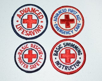 American Red Cross ARC Vintage Sew-on Embroidered Clothing Patches Advanced Lifesaving First Aid Emergency Care Rescue Water Safety e24q