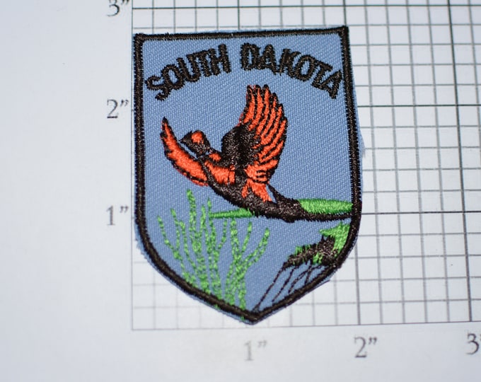South Dakota Bird and Flower (Pheasant Pasqueflower) Crest (Voyager Emblem) Vintage Iron-on Embroidered Patch Travel Souvenir Collectible