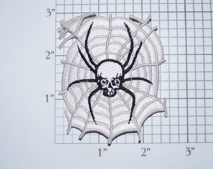 Skull-Headed Spider on Web Iron-On Embroidered Appliqué Patch Biker Jacket Vest MC Spooky Halloween Creepy Scary Cobwebs Dangerous Threat