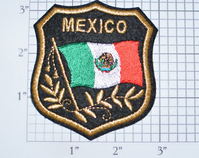 MEXICO Iron-on Embroidered Clothing Patch Flag in Shield Design w/Metallic Gold Threading Beautiful Travel Trip Tourist Souvenir Memento