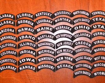 US States Biker Jacket Vest Iron-on Rocker Patch Location Tab Delaware Georgia Illinois Indiana Iowa Minnesota Missouri Montana Texas USA