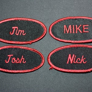 Red on Black Embroidered Clothing Name Patch for Mechanic Service Salesman Shop Garage Tech Retail Badge Work Shirt Employee Cashier nam1