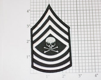 Skull Crossbones Chevron "Master Sergeant Rank" Embroidered Iron-on Patch Shoulder Insignia Outlaw Biker Jacket Vest Military Death Warning