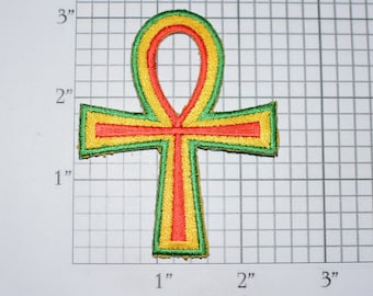 Ankh Beautiful Iron-on Vintage Embroidered Clothing Patch in Green Yellow and Red. Rasta Reggae Emblem Collectible Gift Idea DIY Fashion