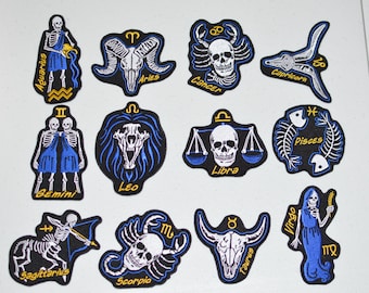 Skeleton Astrology Zodiac Birth Sign Iron-on Embroidered Clothing Patches (Lot of 12), Biker Jacket Vest Celestial Star Horoscope Death t02J