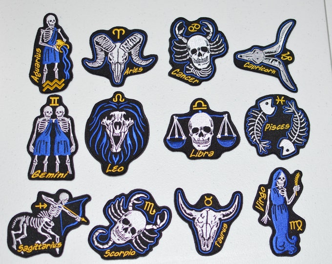 Skeleton Astrology Zodiac Birth Sign Iron-on Embroidered Clothing Patch Unique Biker Jacket Vest MC Celestial Star Horoscope Death Skulls