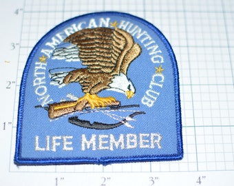 North American Hunting Club Life Member Vintage Iron-on Embroidered Patch SILVER METALLIC THREAD Rifle Bow and Arrow Eagle for Jacket Shirt