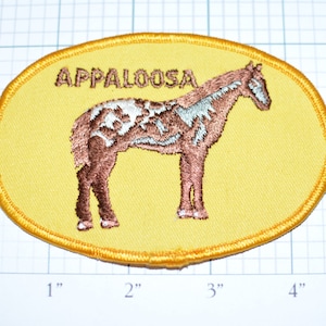 May include: A yellow oval-shaped patch with a brown and white Appaloosa horse embroidered on it. The text "APPALOOSA" is embroidered in brown above the horse.