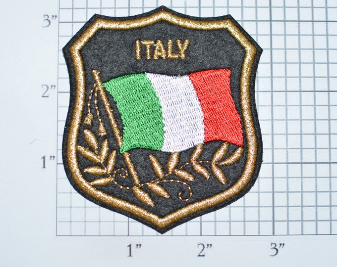 ITALY Iron-on Embroidered Clothing Patch Flag in Shield Design w/Metallic Gold Threading Beautiful Travel Trip Tourist Souvenir Memento