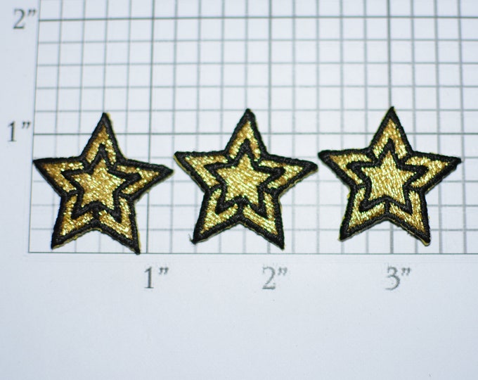 Metallic Gold Star Lot (3 Pieces) Iron-On Vintage Embroidered Patch Small Shiny Applique 5 Point DIY Clothes Craft Project Award Recognition