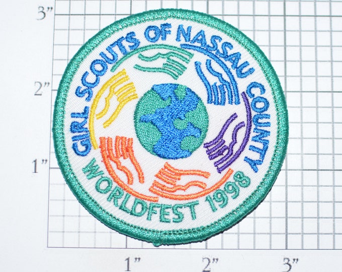 Girl Scouts of Nassau County Worldfest 1998 Vintage Iron-on Embroidered Patch Collectible Souvenir Memorabilia Emblem Badge Friendship e33J