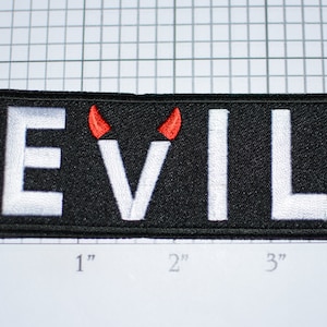 Evil (Red Devil / Demon Horns on V) Iron-On Embroidered Clothing Patch MC Motorcycle Outlaw Biker 1%er Jacket Vest Shirt Funny Novelty Patch