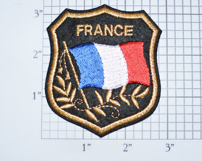 FRANCE Iron-on Embroidered Clothing Patch Flag in Shield Design w/Metallic Gold Threading Beautiful Travel Trip Tourist Souvenir Memento