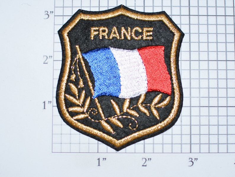 FRANCE Iron-on Embroidered Clothing Patch Flag in Shield Design wMetallic Gold Threading Beautiful Travel Trip Tourist Souvenir Memento