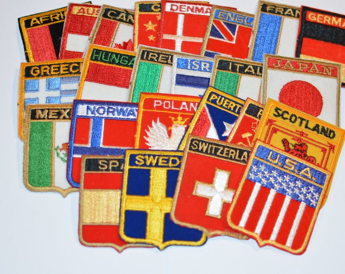 Country Flag / Shield Vintage Embroidered Patches (Each Sold Separately) Travel Trip Tourist Souvenir Emblem Gift Idea Collectible Crest