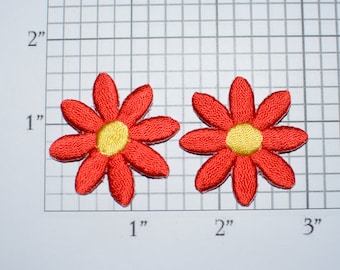 Pair of Flower Iron-on Patch Appliqués (2 piece lot) Red and Yellow Cute Adorable Perfect for Dolls Cards DIY Fashion Embellishment Crafting