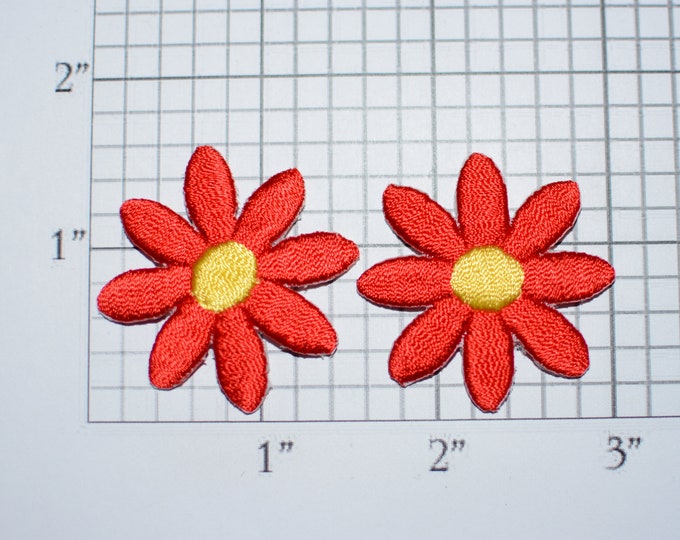 Pair of Flower Iron-on Patch Appliqués (2 piece lot) Red and Yellow Cute Adorable Perfect for Dolls Cards DIY Fashion Embellishment Crafting