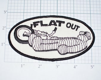 Flat Out - Mummy Lying on Back - Sew-On Vintage Patch Funny Motorcycle Patch Biker Patch Crash Injury Wreck Eat Asphalt *Limited Stock*  s8
