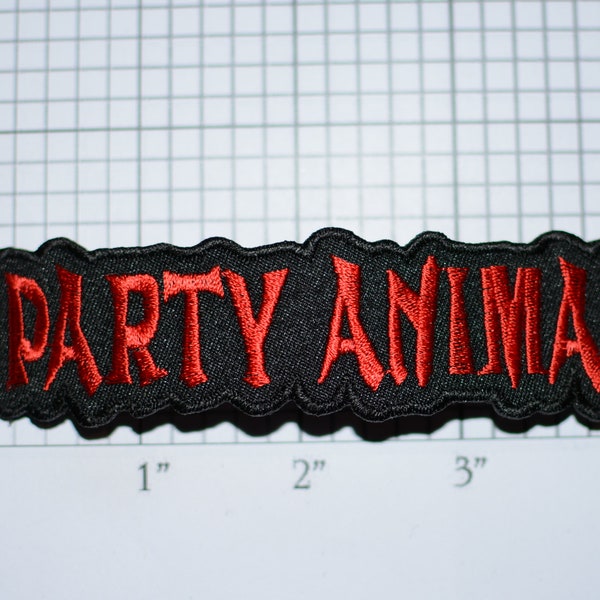 PARTY ANIMAL Red Iron-On Embroidered Clothing Patch Biker Jacket Vest Shirt Hat Novelty Emblem College Frat Fraternity Carefree Festive Fun