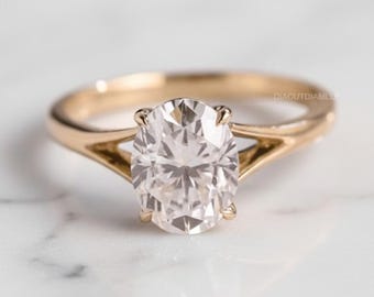 Oval Moissanite Engagement Ring, 14K Gold Split Shank Solitaire Ring