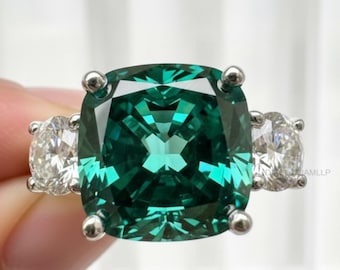 Cushion Emerald Three Stone Ring:Side Round Moissanite Vintage Promise ring for her
