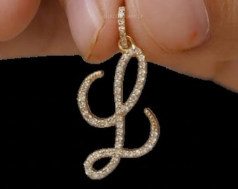 14K Solid Gold Cursive L Initial Pendant, Pave Diamond Charm Pendant