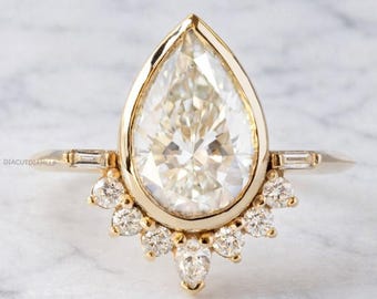 2.20 CT Pear Cut Moissanite Engagement Ring, 14K Solid Gold Vintage Baguette Wedding Ring