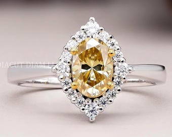 Art Deco Oval Moissanite Engagement Ring, Canary Yellow 14K Solid Gold Handmade Jewelry
