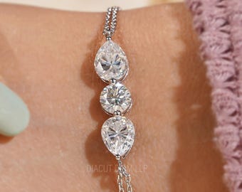 Round and Pear Moissanite 925 Silver bracelet:Three Stone Anniversary Gift Bracelet
